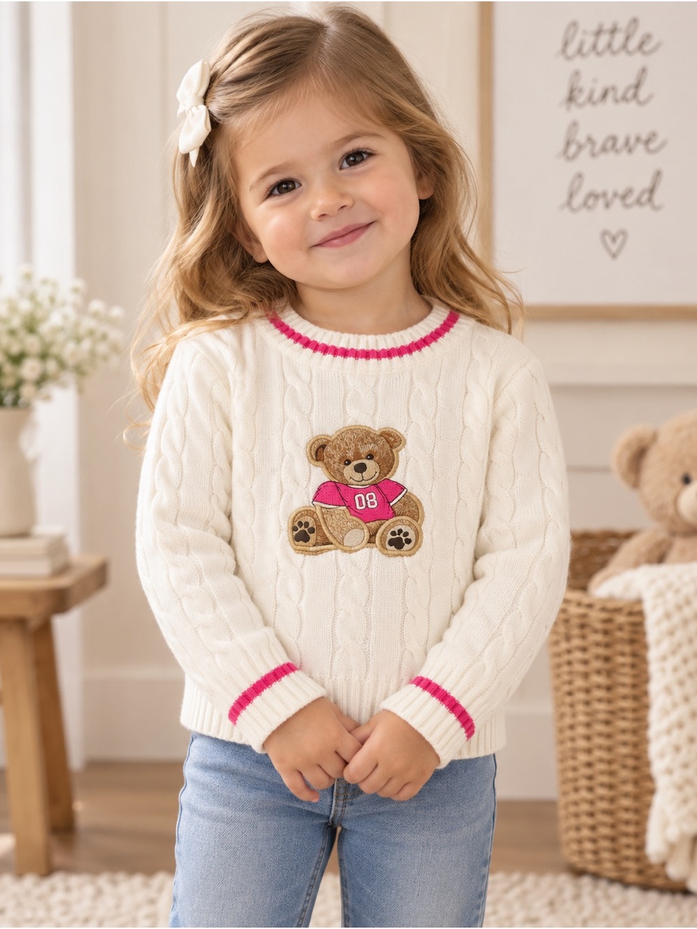 Stella & Tweed Girls Size 5 Teddy Bear Cable Knit Sweater Pink NWT